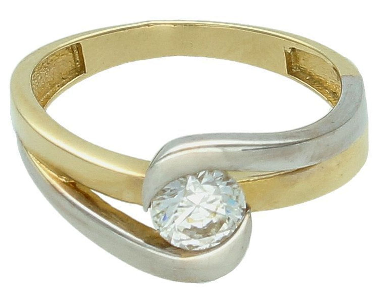 Złoty pierścionek 585 z dużą cyrkonią i białym złotem PI 1192 585 Przepiękny złoty  pierścionek, który został ozdobiony błyszczącą cyrkonią. Delikatny pierścionek sprawdzi się zarówno na co 1.jpg